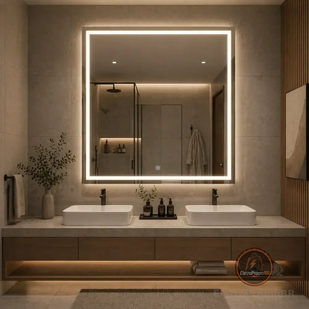 Espelho Grande 40cm Jateado Com Touch E Led 3 Cores Banheiro Led 3 Cores