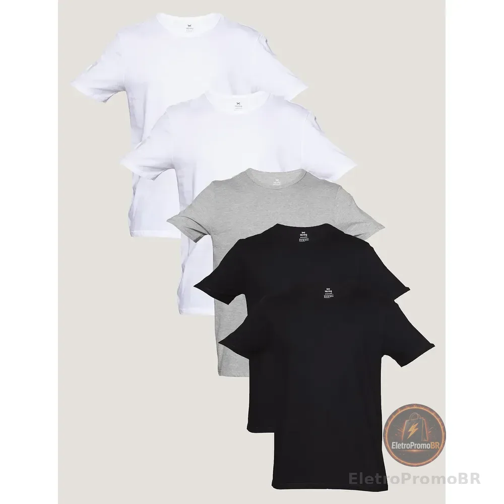 Kit Com 5 Camisetas Básicas Masculina Hering Preto, Branco E Cinza Liso M