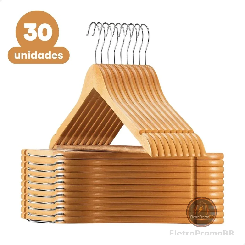 Kit 30 Cabide De Madeira Marfim Para Roupas Calça Gancho Cromado