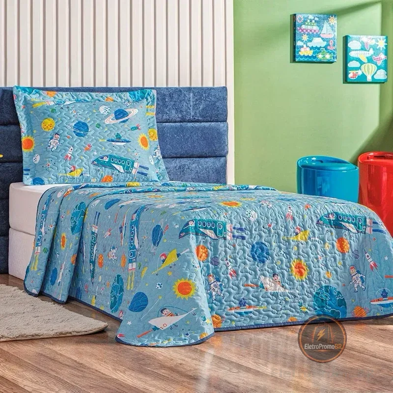 Kit Colcha Cobre Leito infantil  Solteiro Bouti 1,60x2,40m Dupla Face 2 Peças C/ Viés