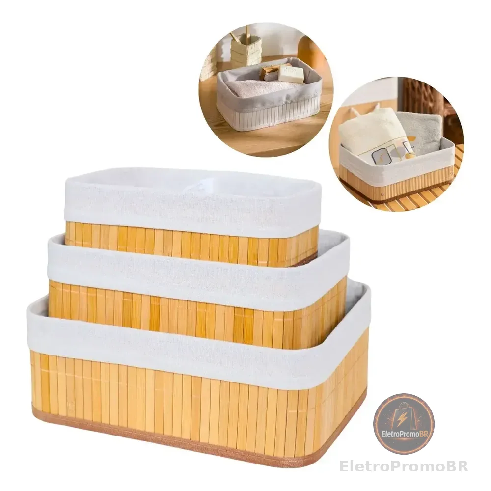 Kit 3 Cestos Organizador De Bambu Multiuso Com Forro