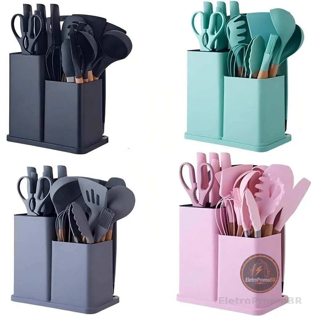 Kit Conjunto 19 Pçs De Utensílios Facas Silicone e Plástico Cozinha Jogo Completo Batedeira Colher Pegador