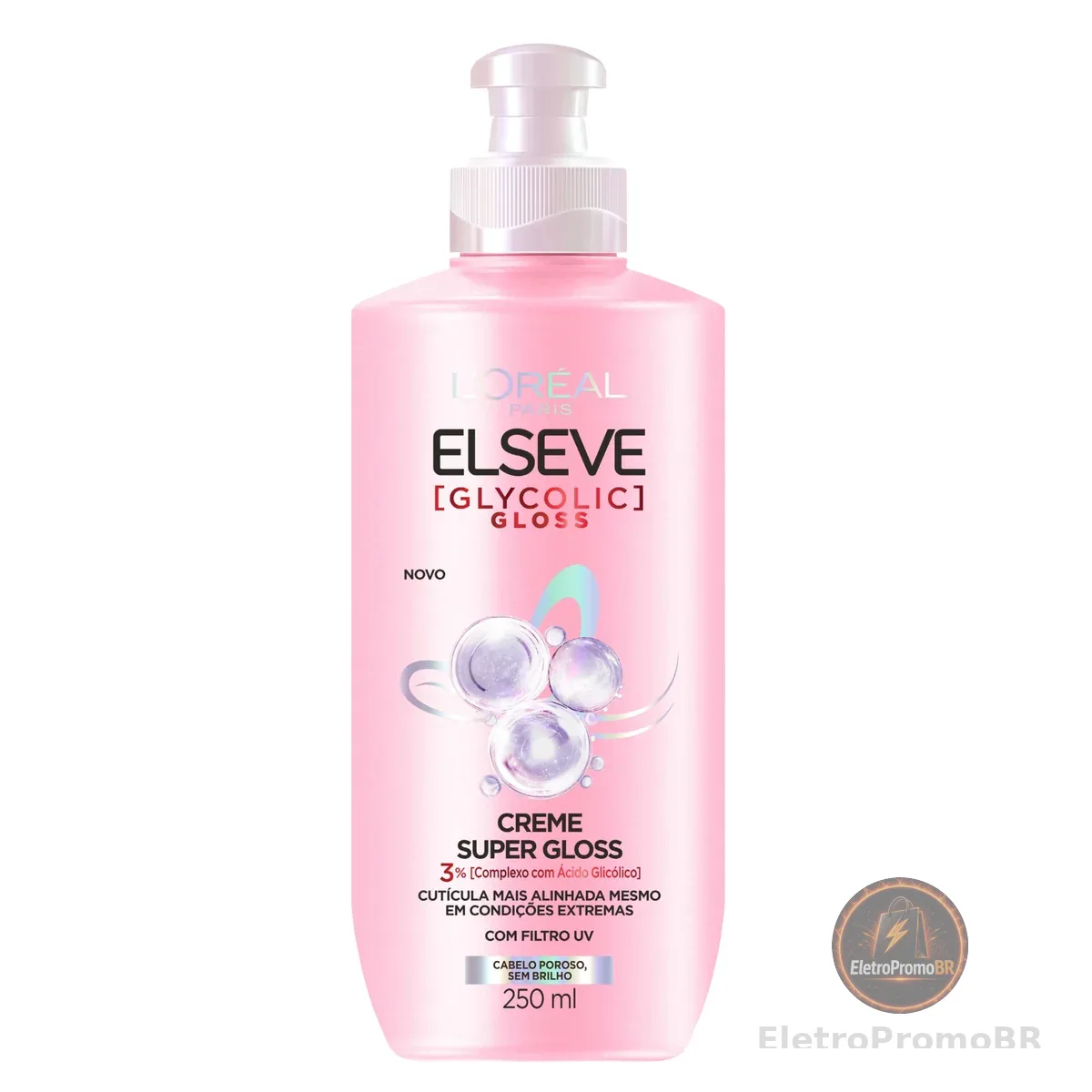 Elseve Glycolic Gloss, Creme de Pentear Super Gloss, Tratamento com Ácido Glicólico para Brilho Intenso, Sela Cutículas, Controla o Frizz, com Proteção Térmica e UV, 250ml