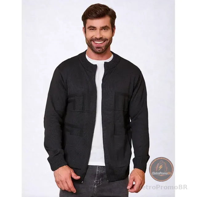 Jaqueta Suéter Masculino Lã Com Zíper Trico
