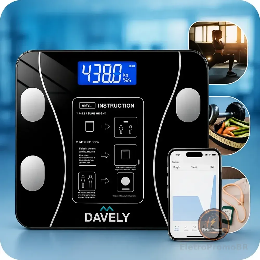 Balança Digital Bioimpedância Bluetooth Corporal Aparelho Alta Capacidade Balança De Banheiro Academia App Para Android E Para Ios Cor Preto Marca Davely