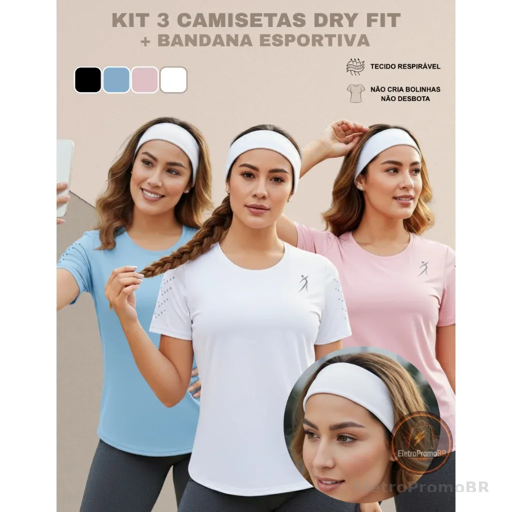 Kit 3 Camisetas Femininas Dry Fit Academia Fitness Corrida Esportes Caminhada Poliéster Premiu