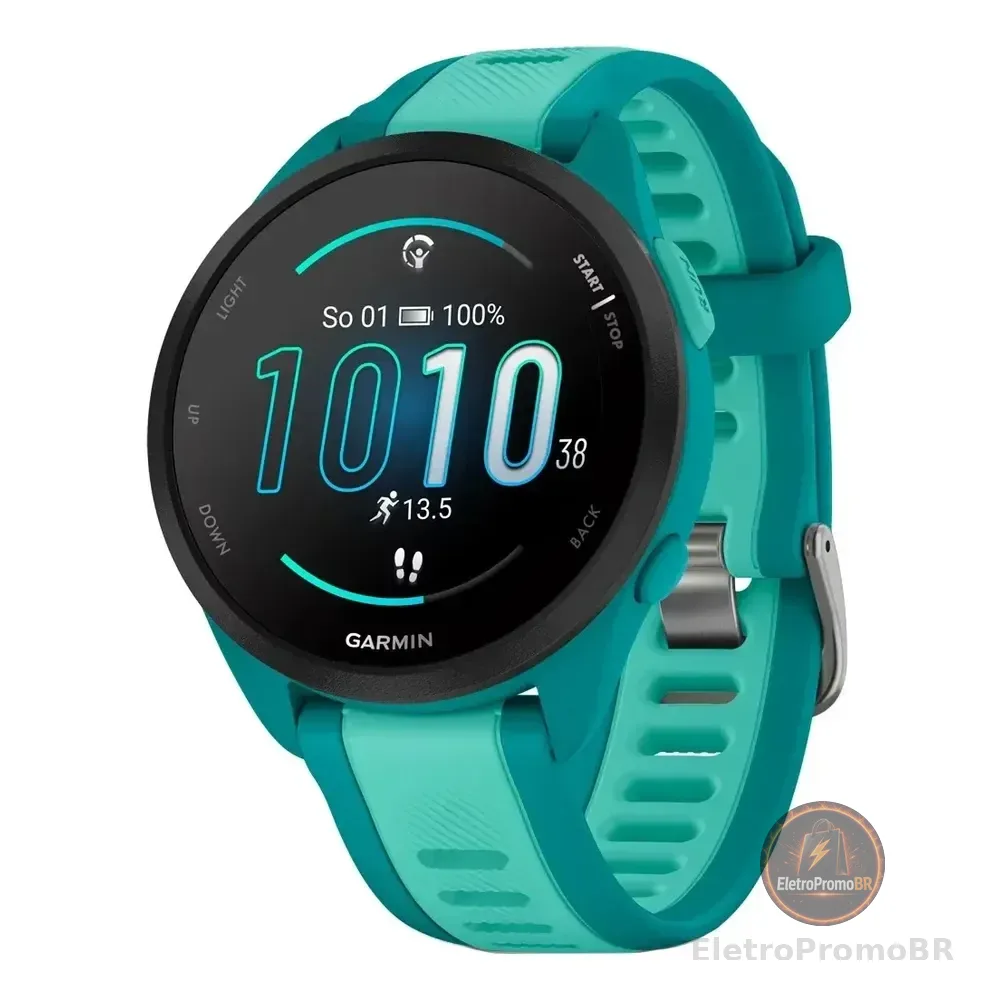 Relógio Garmin Forerunner 165 Music Amoled Turquoise 43 Mm C Caixa Azul-turquesa Pulseira Azul-turquesa Bisel Preto Desenho Da Pulseira Mesh Esportivo