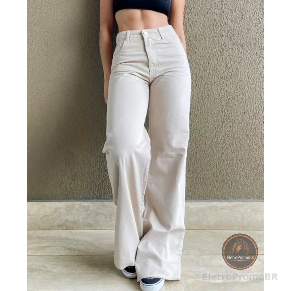 Calça Jeans Feminina Wide Leg Cintura Alta Tecido Grosso Pantalona Linha Premium 100% Algodão
