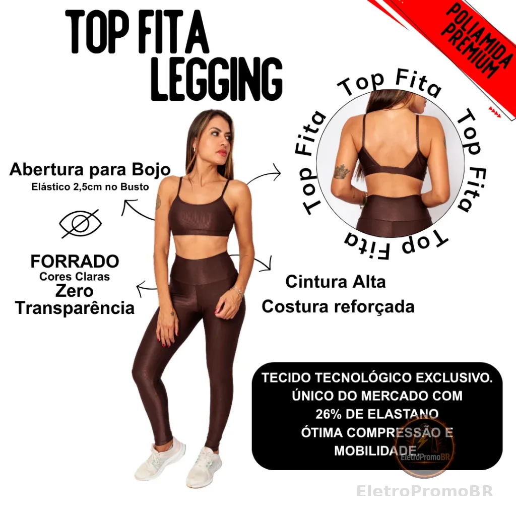 Conjunto Feminino Top Fita Costas Abertura Bojo e Legging Wonder Forrado Cintura Alta Canelado