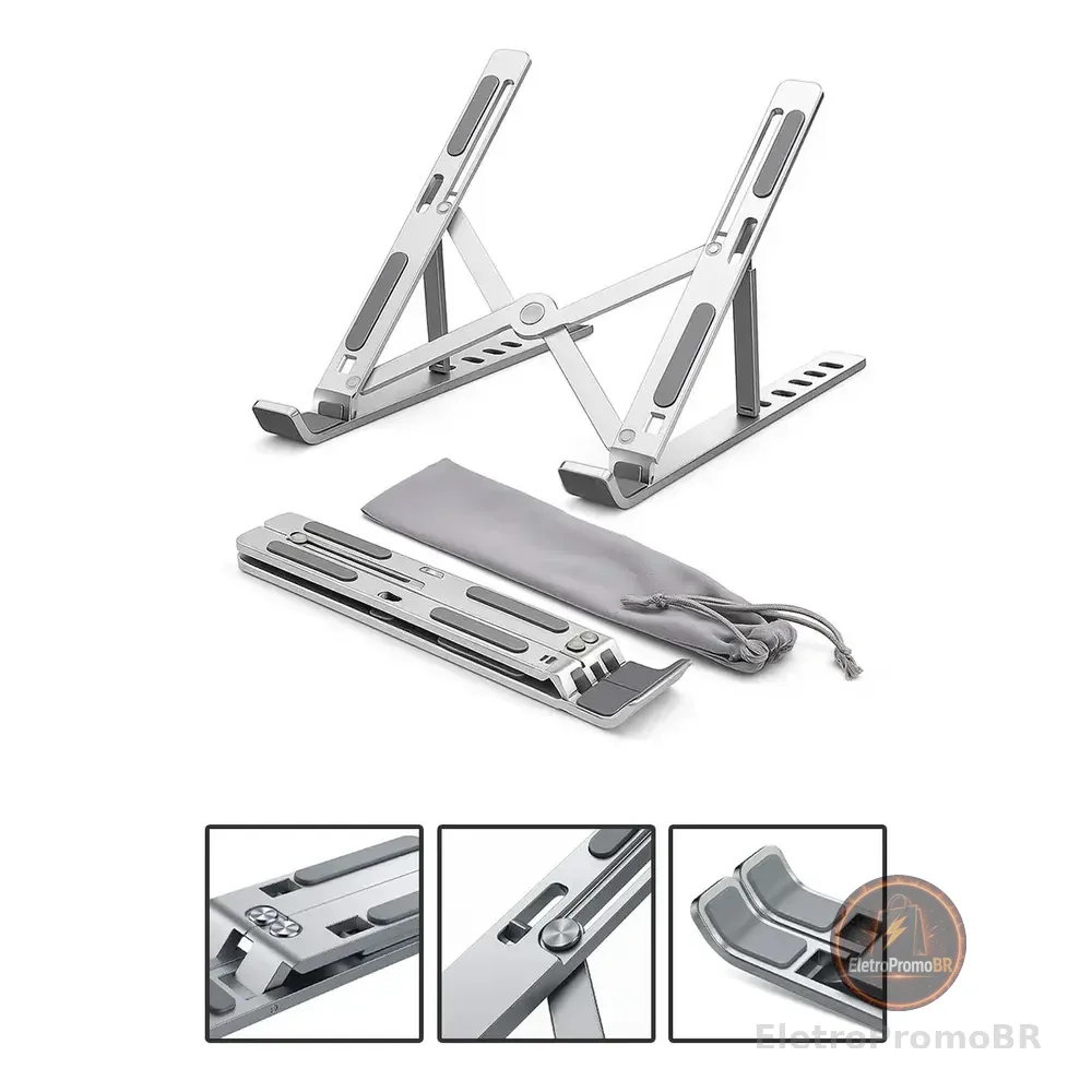 Base Suporte Para Pc Notebook Alumínio Portátil Articulado Dobrável Tablet Laptop Mesa Davely Cor Prateado