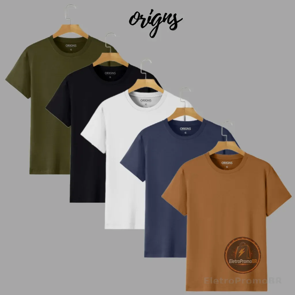 Kit 5 Camiseta Masculina Básica Lisa Slim Algodão ORIGNS