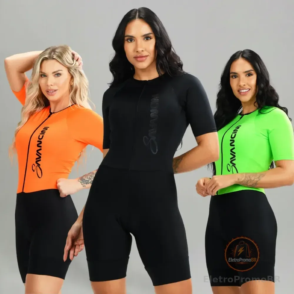 Roupa Ciclismo Feminina Macaquinho Manga Curta Savancini Preto G