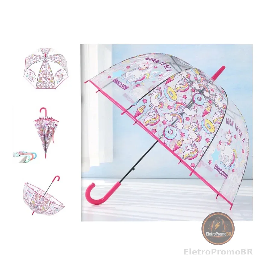 Guarda Chuva Infantil Transparente com Unicórnio Super Proteção