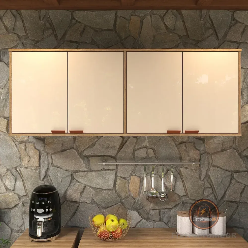 Armário Aéreo De Cozinha Off White Suspenso Design Compacto Com 4 Portas Estilo Moderno