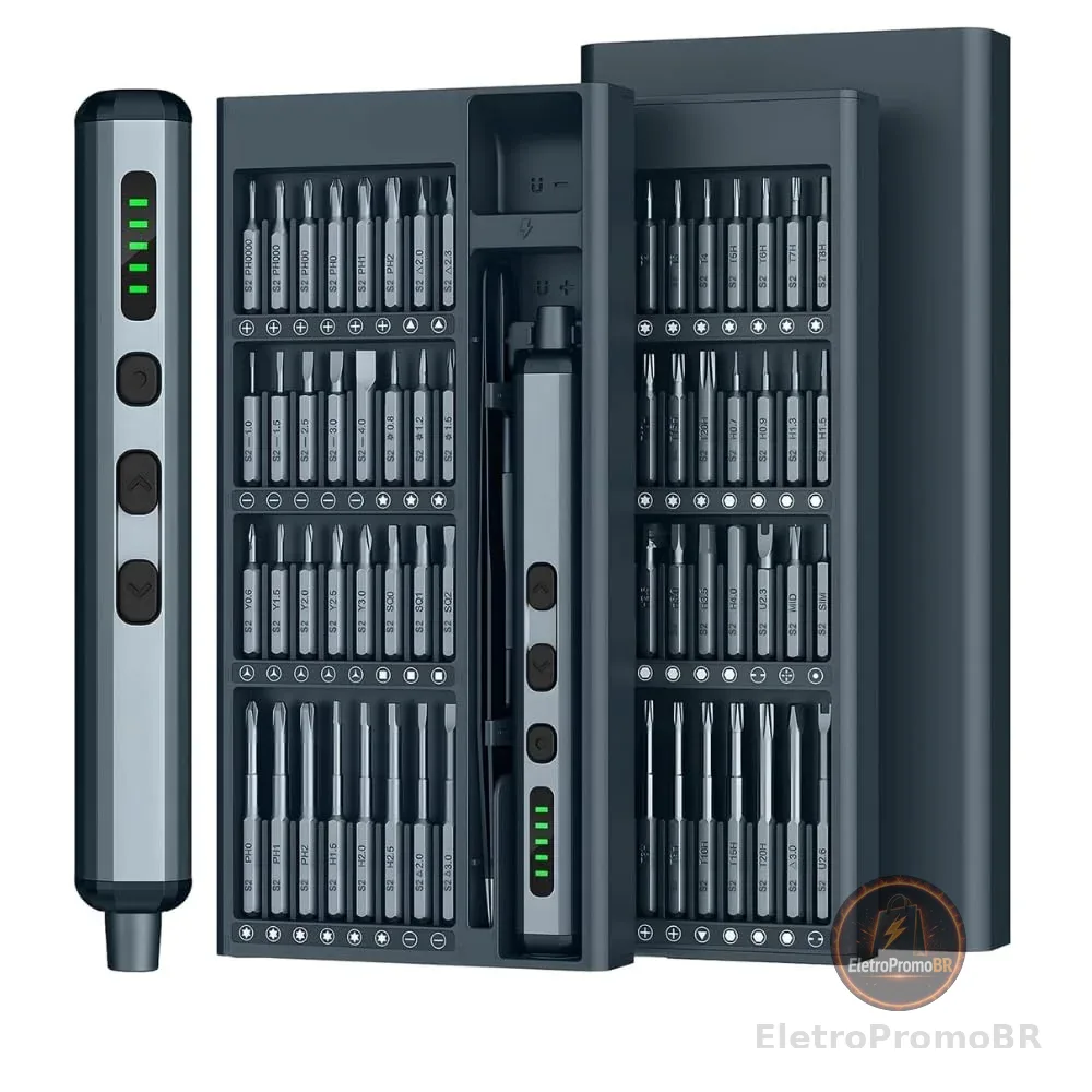 Mini Parafusadeira Eletrica de Precisão Recarregável Kit 68 em 1 Bits Torx T8H PS4 PS5 Xbox Celular Notebook Aluminio USB-C Encaixe 1/4 Incluso Magnetizador Abertura Automatica Relógio Drone Estojo