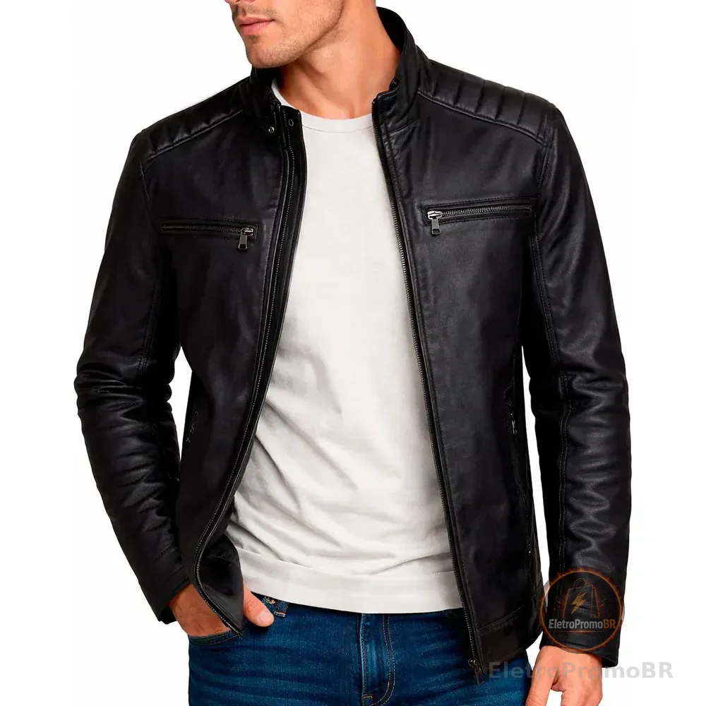Jaqueta De Couro Masculino Slim Inverno Frio Sem Capuz Preto G Liso