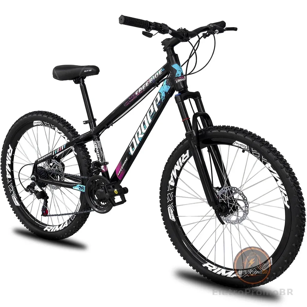 Bicicleta aro 26 Dropp Freeride Alumínio 21 Marchas Freios a disco supensão tipo Vikingx gios vmaxx