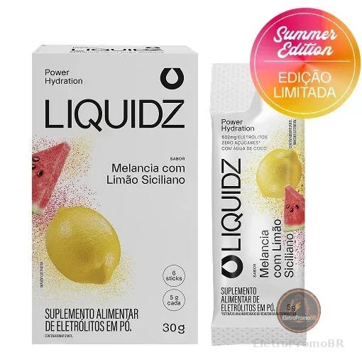 LIQUIDZ® - Eletrólitos Zero Açúcares - Sabor Melancia com Limão Siciliano - Kit 1 Caixa - 6 sachês