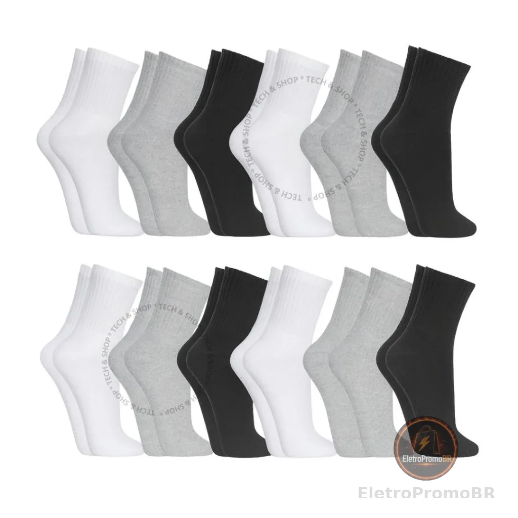 Kit 15,12 ou 6 Pares de Meias Cano Alto/Médio Algodão Unissex 36-42