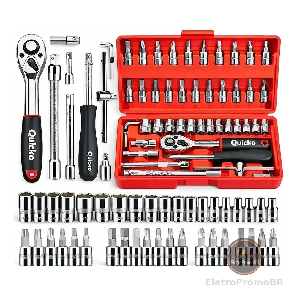Kit Chaves Ferramentas Jogo Fenda Philips Catraca Soquete Allen 46 Peças Com Maleta Completa Manual Ideal Mecânico Manutenção Casa Carro Profissional Resistente Portátil Compacto Quicko Vermelho