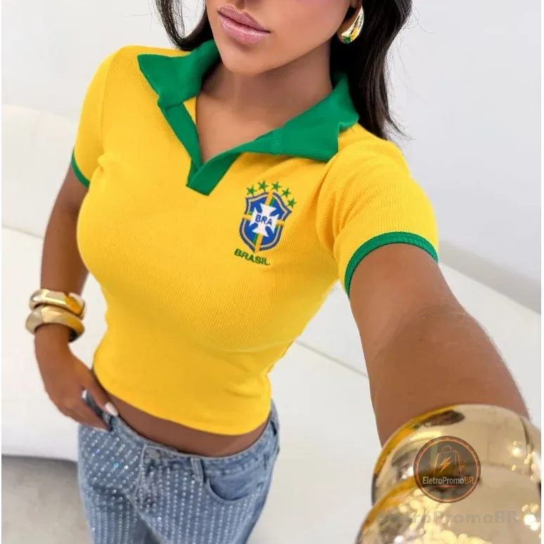 Camiseta Polo Feminina Brasil Canelada Ribana Premium Tamanho Único