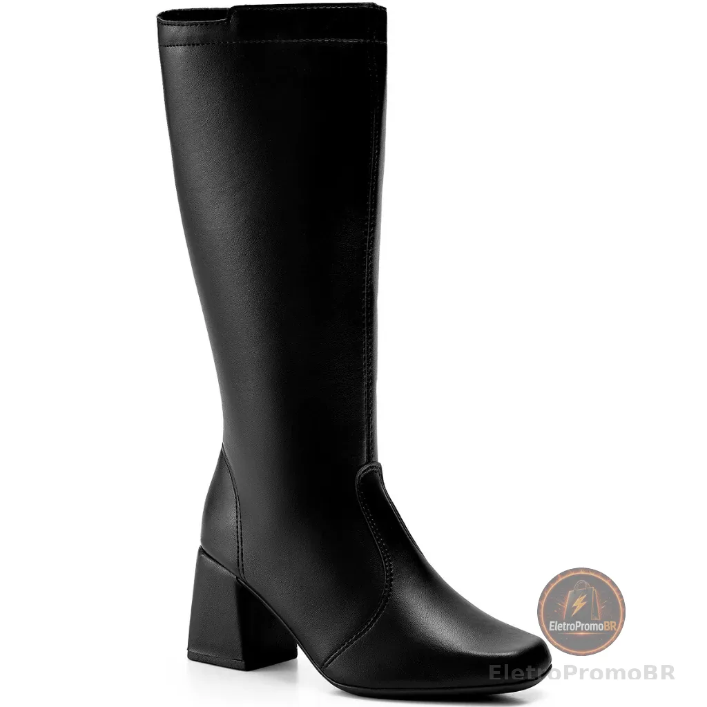 Bota Feminina Lumiss Salto Alto Bloco Cano Alto Bico Quadrado