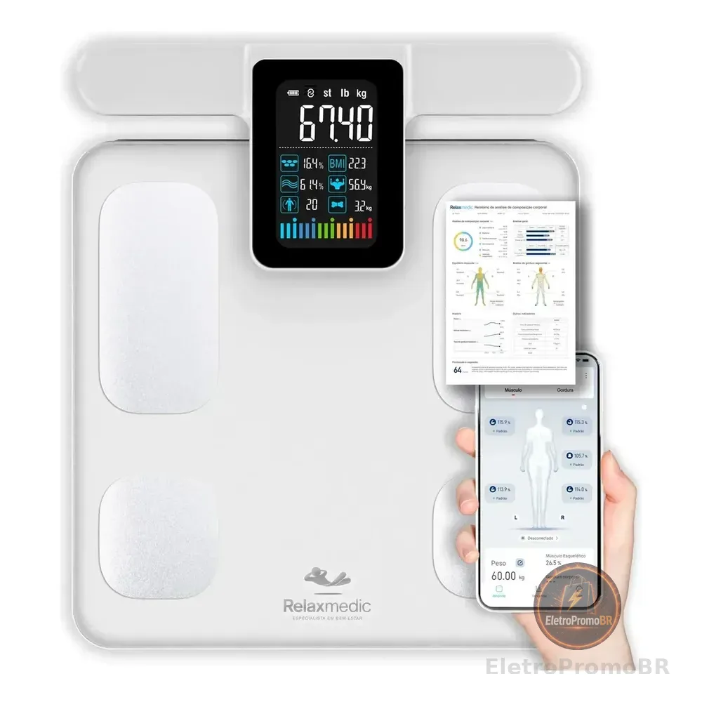 Balança Bioimpedância Corporal Digital Profissional 8 Eletrodos Bodyscan Pro - Relaxmedic Cor Branca Branco