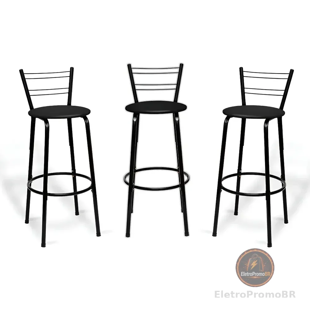 Kit Com 3 Banquetas Altas Flórida Itagold Pretas Em Aço Com Encosto Para Cozinha E Balcão Preto