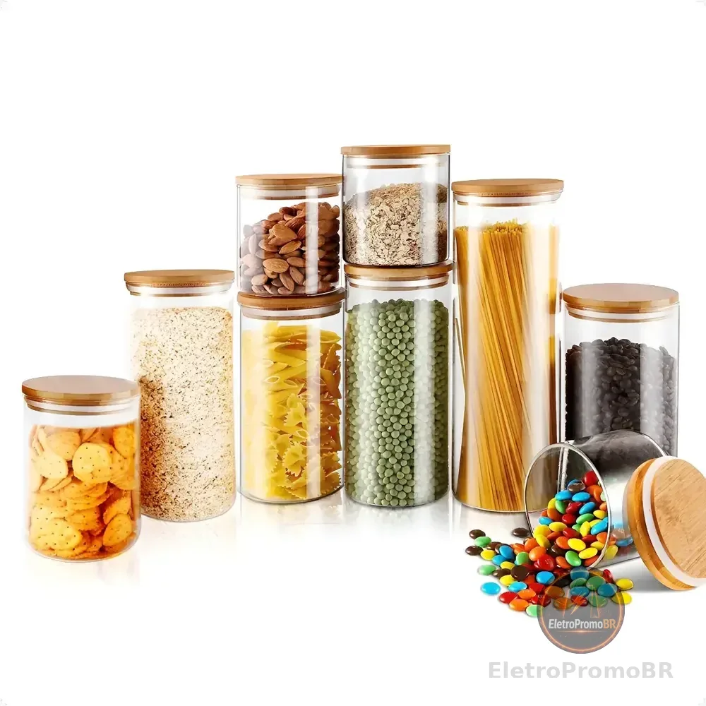 Kit 9 Potes Mantimentos Vidro Herméticos Com Tampa Bambu Alta Resistência Epsilon Eps-709 Transparente