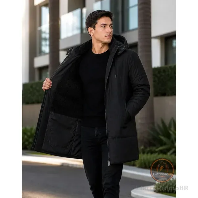 Sobretudo Masculino Jaqueta Puffer Bobojaco Comprido Capuz
