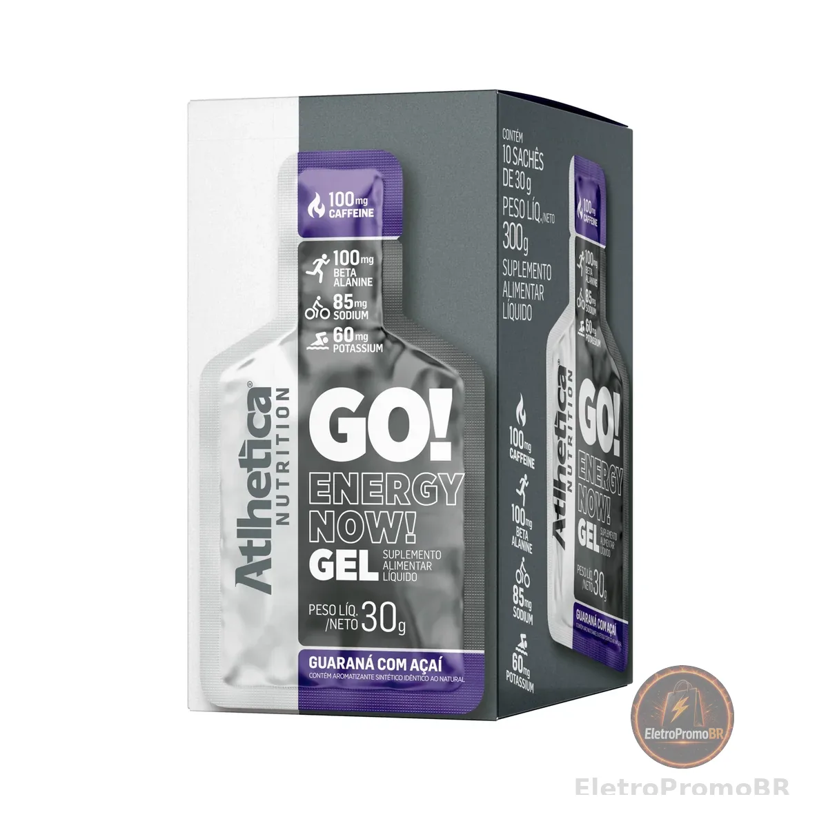 Atlhetica Nutrition GO! ENERGY NOW GEL (10 sachês de 30g) Guaraná com Açaí, Multicolorido.