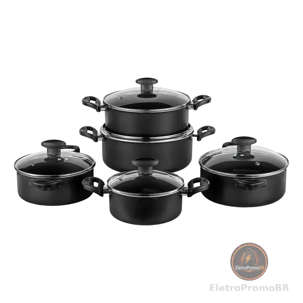 Jogo De Panelas 5 Pcs Antiaderente Tampa De Vidro Preto