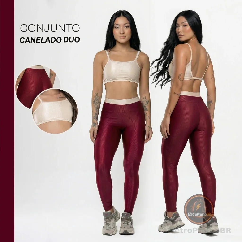 Conjunto Fitness Feminino Trilobal Canelado Brilhoso – Top + Legging Cós Alto Modelador Academia
