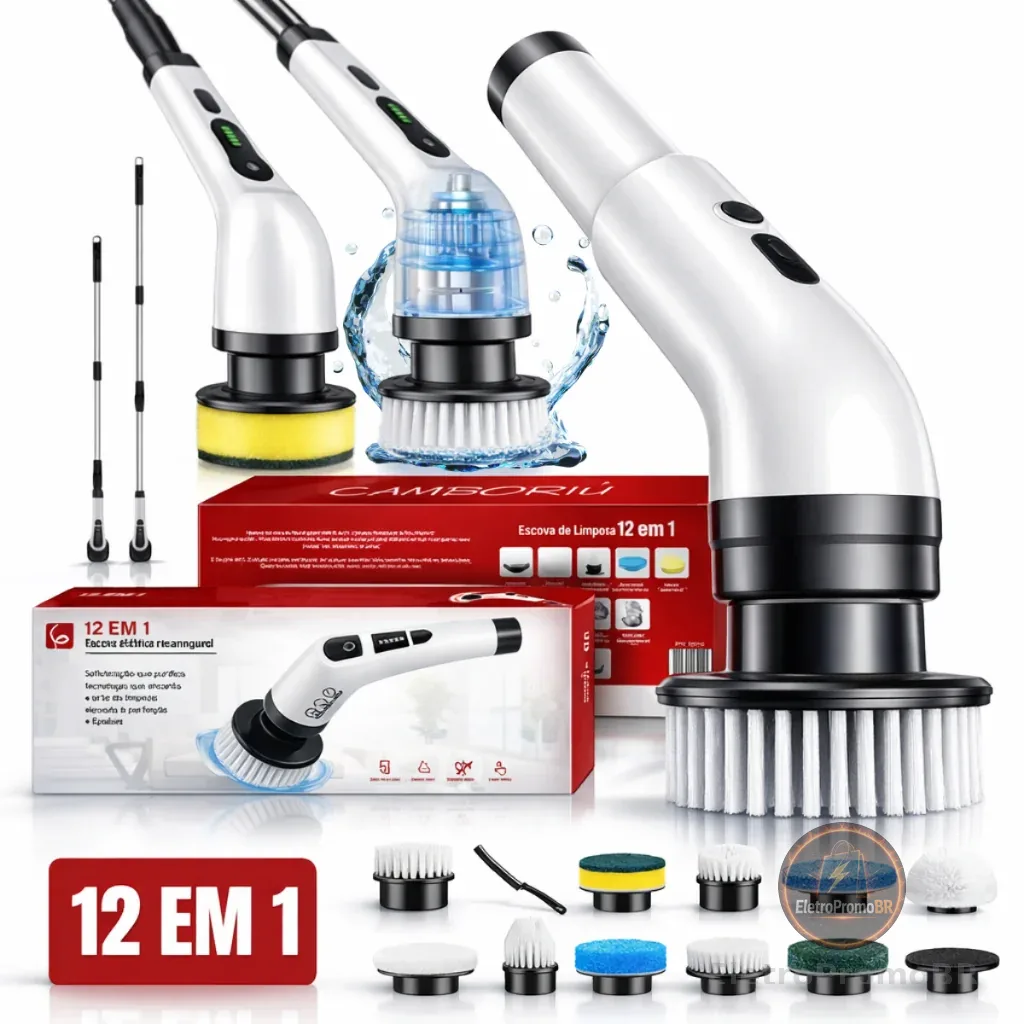 Escova Elétrica Limpeza Kit 12 em 1 Sem Fio Giratória Portátil