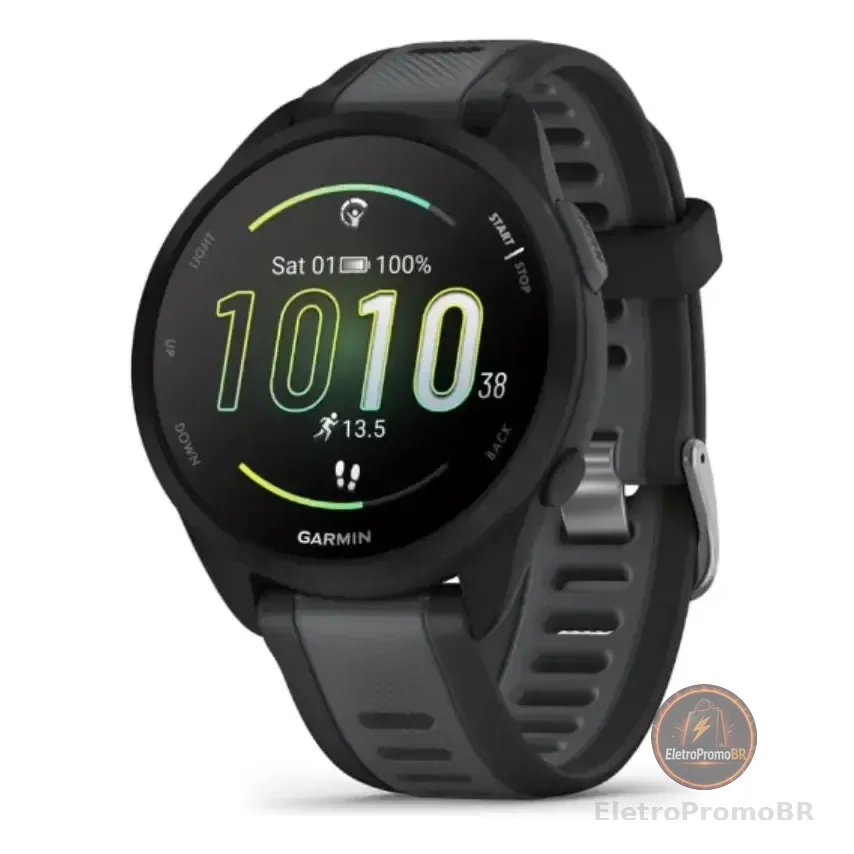 Smartwatch Relógio Garmin Forerunner 165 43mm Preto Mesh Cinza Correa Esportiva