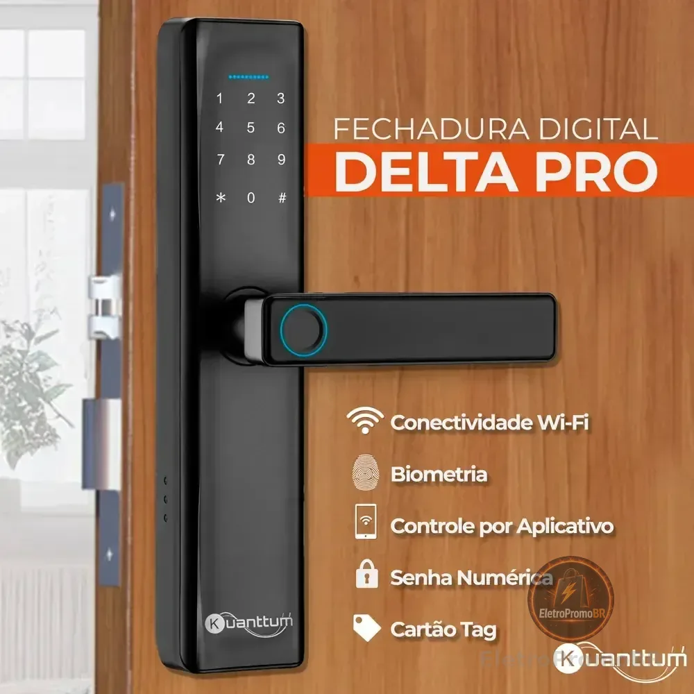 Fechadura Digital Biométrica Kuanttum Delta Pro Wifi Senha App Tuya Preta Preto