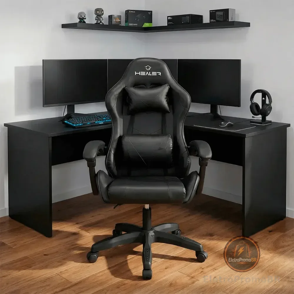 Cadeira Gamer Preta Healer Wells Reclinável Giratória Preto Couro Sintético