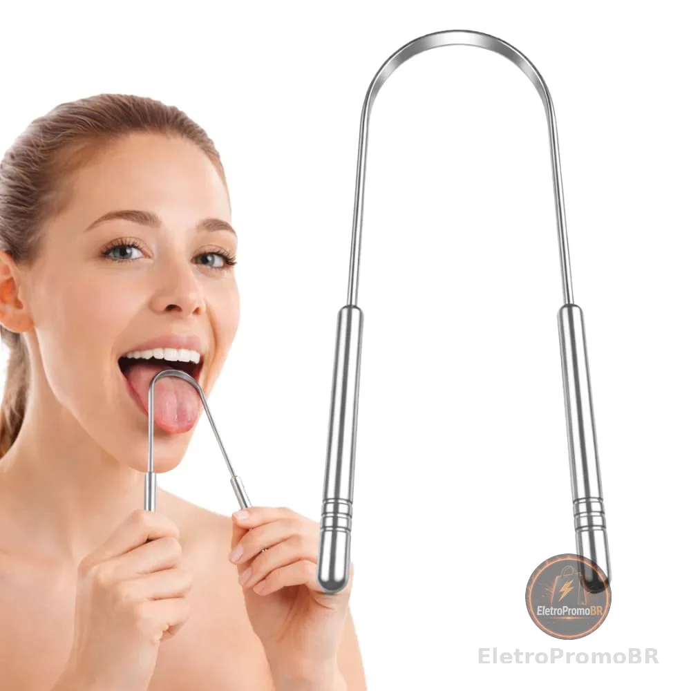Raspador de Língua Inox Profissional Limpeza Bucal Anti Mau Hálito Higiene Oral Aço Inoxidável Durável Removedor de Saburra Fácil de Limpar Reutilizável Confortável Uso Diário Premium Saúde Bocal