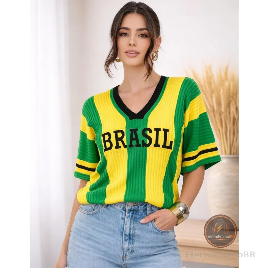 Blusa Feminina Brasil Súeter Seleção Tricot Moda Verão Copa Tecido Fang Decote V Moda Peça Confort