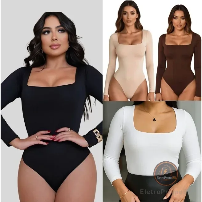 Body Feminino Manga Longa Bory Decote Quadrado Segunda Pele Justo e Confortável