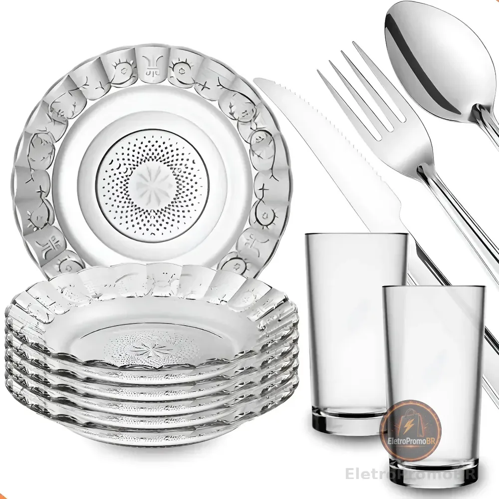 Aparelho De Jantar 30 Peças - Pratos + Copos + Talheres Inox