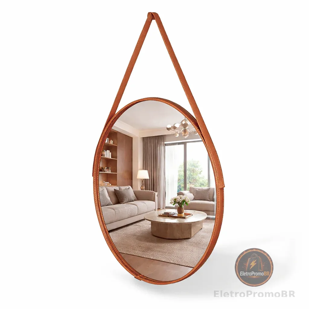 Espelho Redondo Decorativo Adnet Alça Couro Suporte 60cm 50cm 40cm 30cm Sala Quarto Banheiro Hall