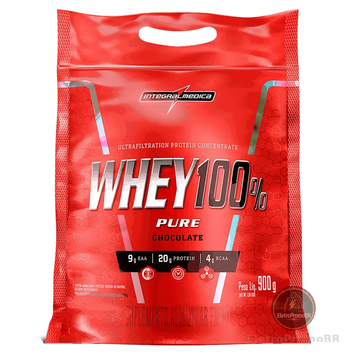 Integralmédica - Whey Protein Concentrado Chocolate 100% Pure - 21g de Proteína por Scoop, Suplementação Alimentar Pós-Treino, Fórmula Enriquecida com BCAAs - Pouch 900g