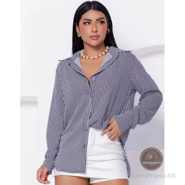 Camisa Social Feminina Clássica Listrada C/ Botões Tendência