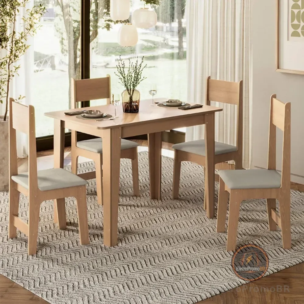 Conjunto De Jantar 4 Lugares Com Mesa Retangular Tampo Mdf Mel/bege