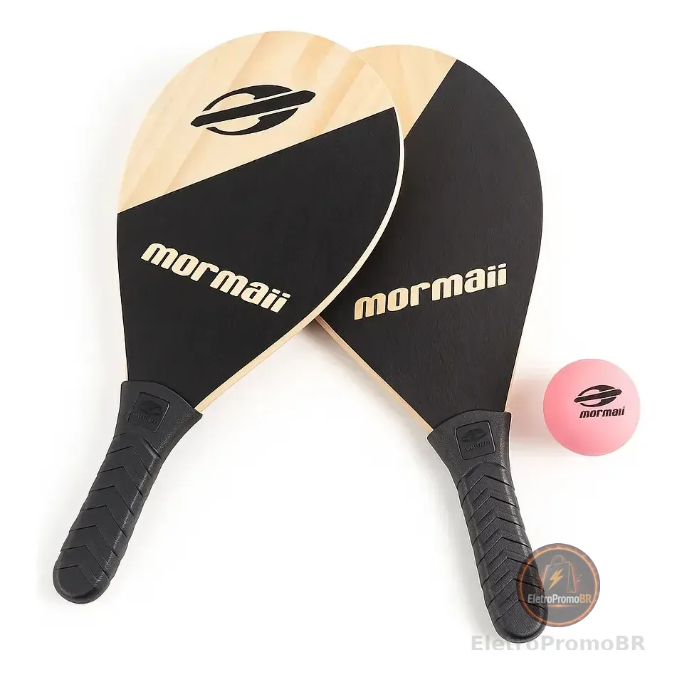 Kit 2 Raquetes De Praia E 1 Bola P/ Frescobol Mormaii Belfix Preto