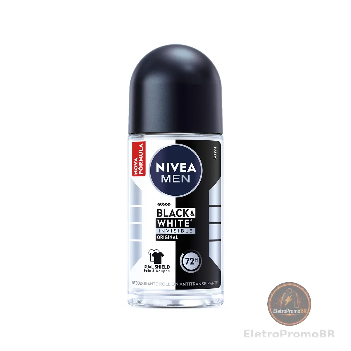 NIVEA MEN Desodorante Antitranspirante Roll On Invisible Black & White 50ml - Proteção prolongada de 48h, cuidado suave, ação antibacteriana, fórmula 5 em 1: anti-manchas, anti-odor