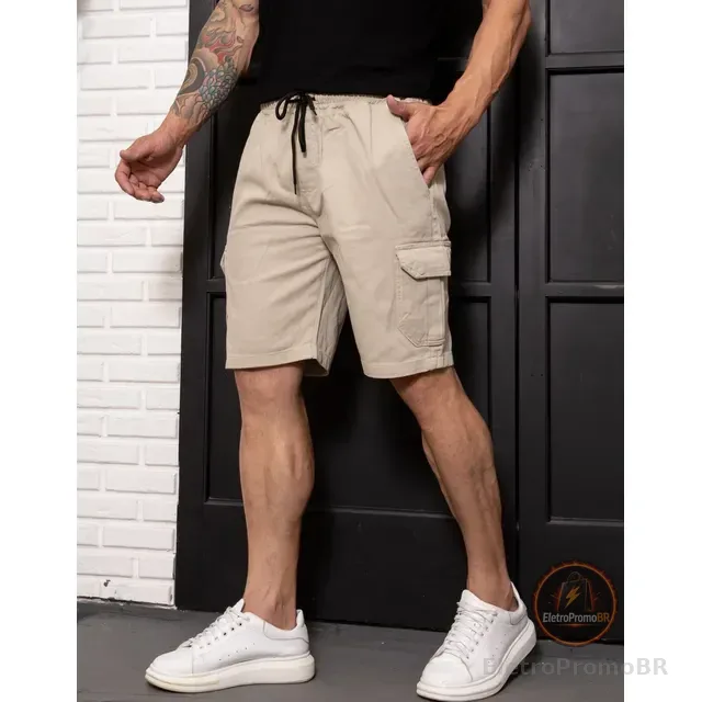 Bermuda Masculina Bolso Cargo Com Cordão E Elástico