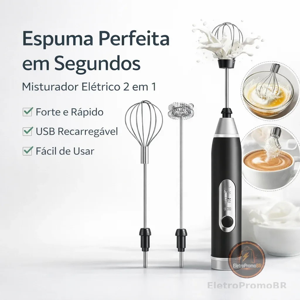 Misturador Elétrico 2 em 1 Espumador de Leite USB Recarregável Batedor Café Ovos