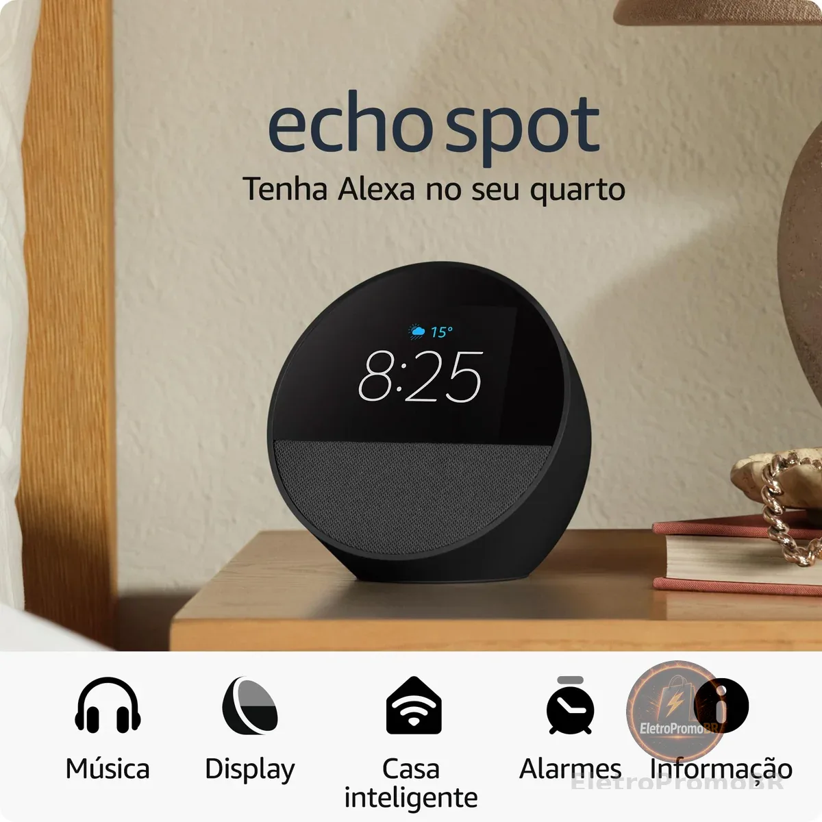 Echo Spot com Alexa (Geração mais recente) | Despertador inteligente com som vibrante | Cor Preta